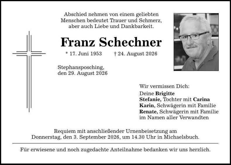 Traueranzeige Franz Schechner