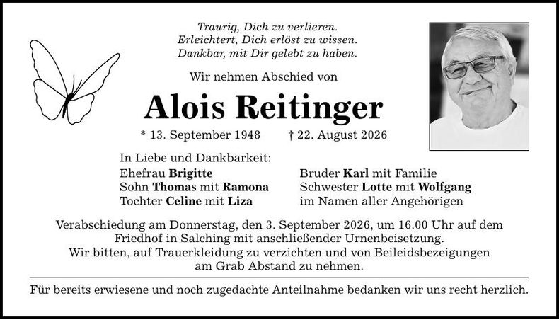 Traueranzeige Alois  Reitinger