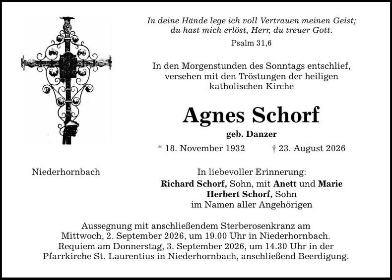 Traueranzeige Agnes Schorf