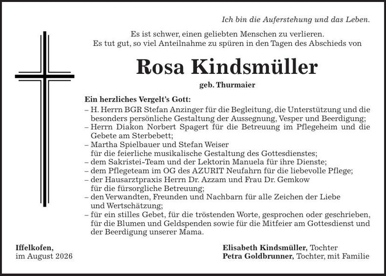 Traueranzeige Rosa Kindsmüller