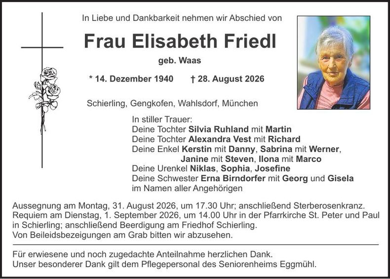 Traueranzeige Elisabeth Friedl