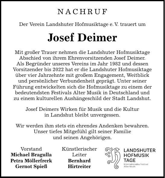 Traueranzeige Josef Deimer