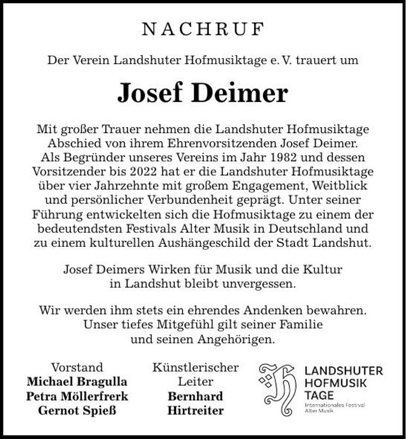 Traueranzeige Josef Deimer