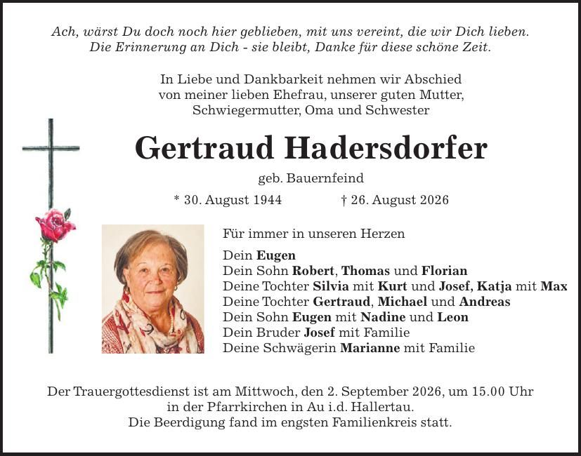Traueranzeige Gertraud Hadersdorfer