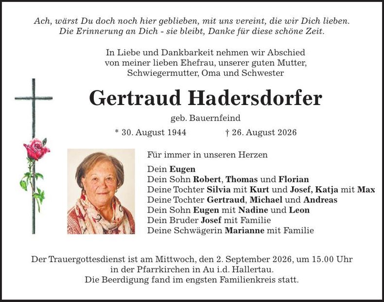 Traueranzeige Gertraud Hadersdorfer
