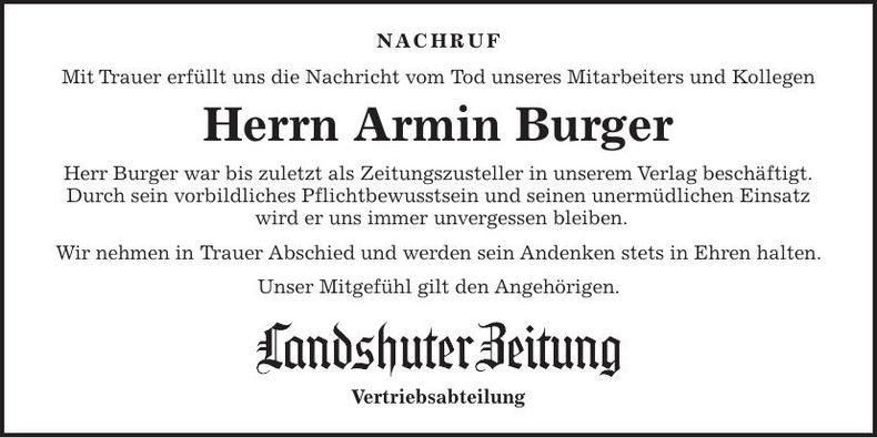 Traueranzeige Armin Burger
