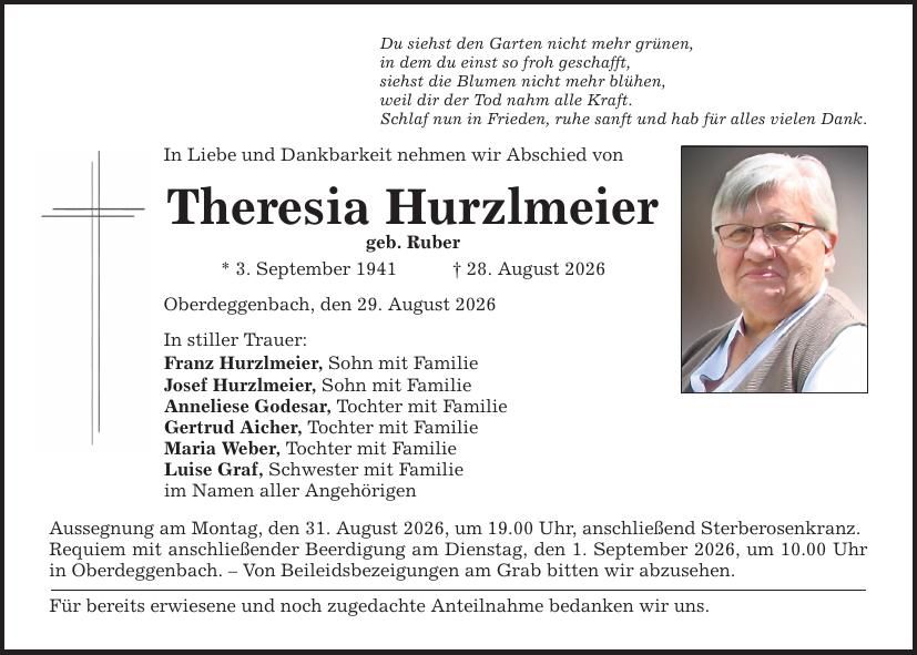 Traueranzeige Theresia Hurzlmeier