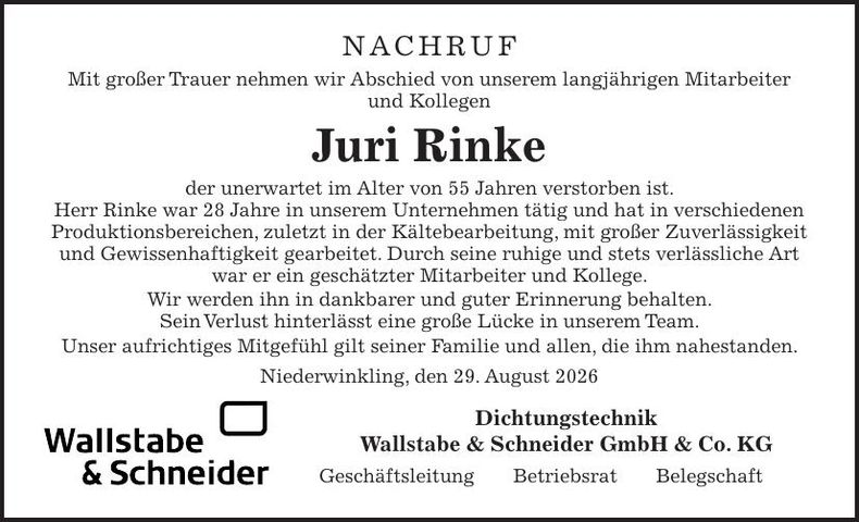 Traueranzeige Juri Rinke