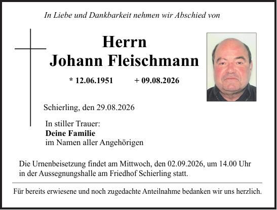 Traueranzeige Johann Fleischmann