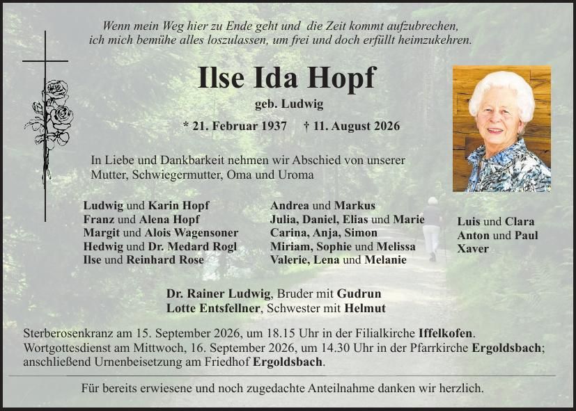 Traueranzeige Ilse Ida Hopf