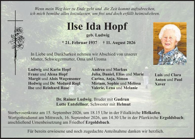 Traueranzeige Ilse Ida Hopf