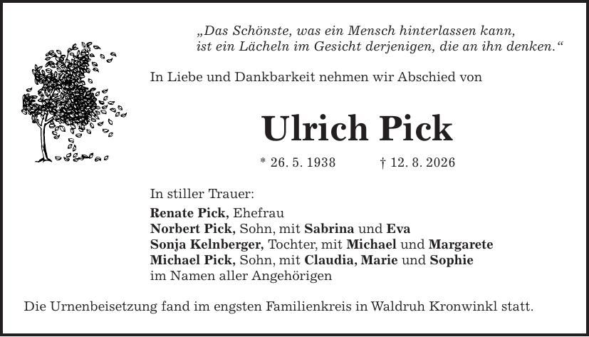 Traueranzeige Ulrich Pick