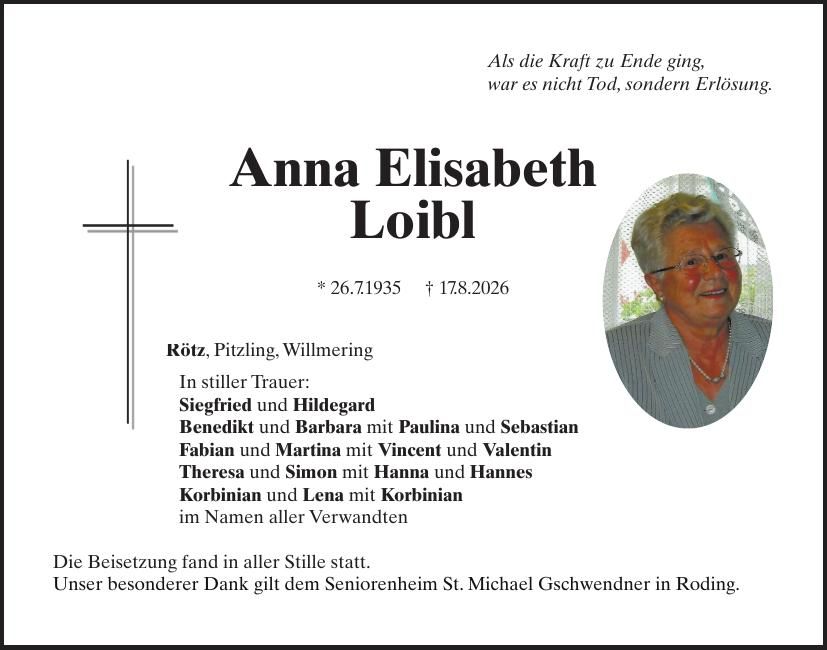 Traueranzeige Anna Elisabeth Loibl