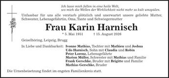 Traueranzeige Karin Harnisch