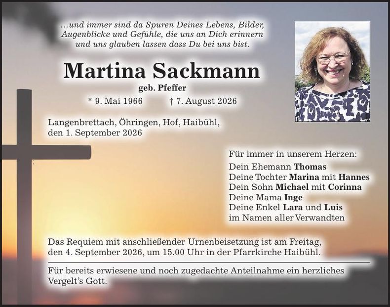 Traueranzeige Martina Sackmann