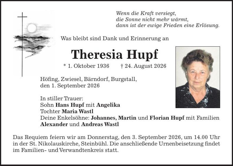 Traueranzeige Theresia Hupf