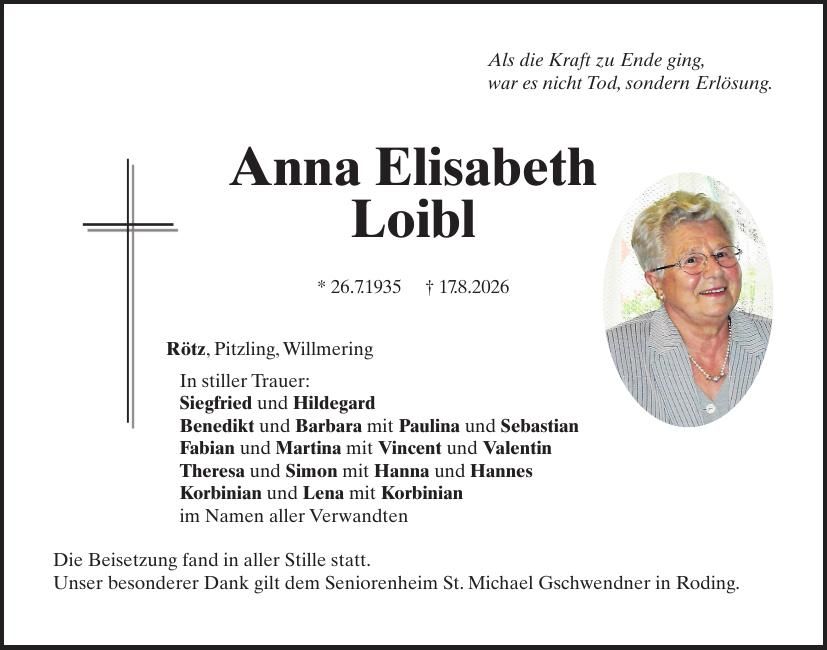 Traueranzeige Anna Elisabeth Loibl