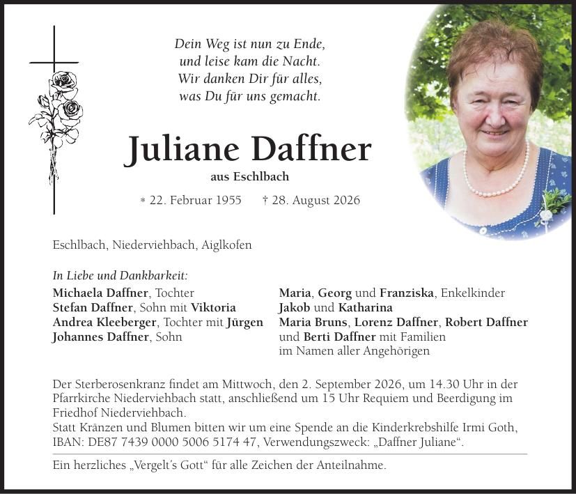 Traueranzeige Juliane Daffner