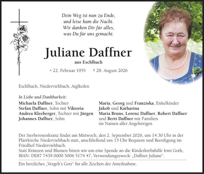 Traueranzeige Juliane Daffner