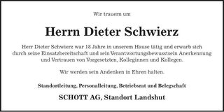 Traueranzeige Dieter Schwierz