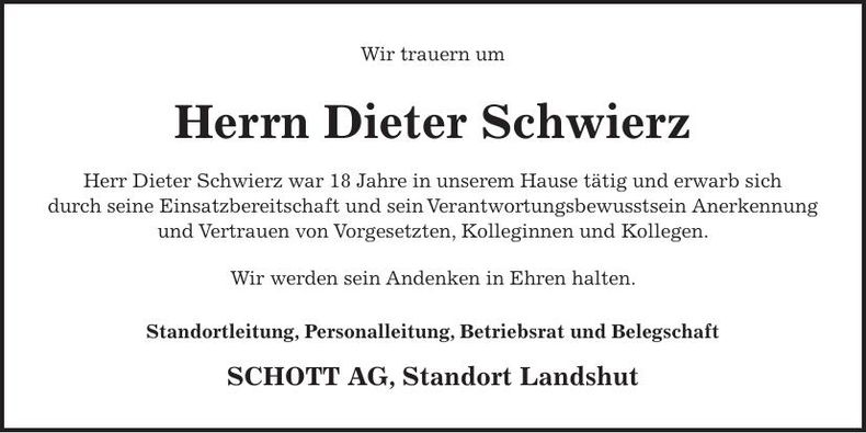 Traueranzeige Dieter Schwierz