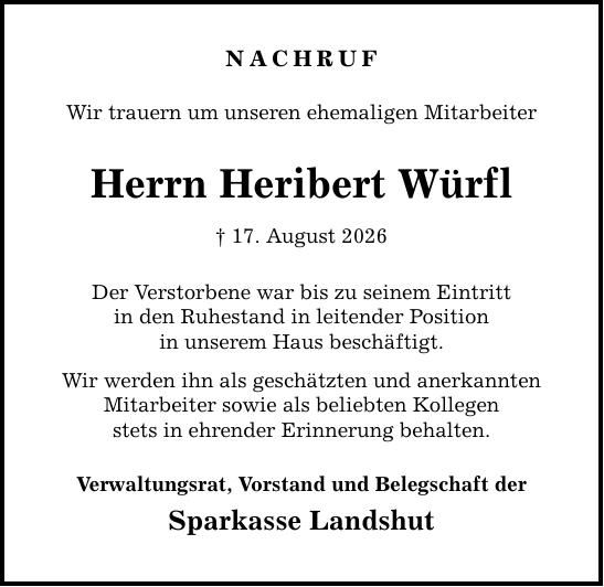 Traueranzeige Heribert Würfl