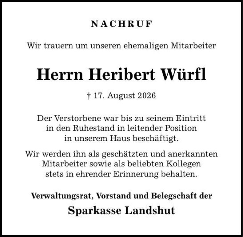 Traueranzeige Heribert Würfl