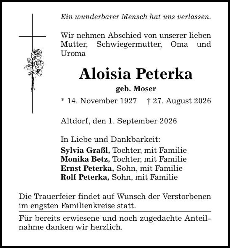 Traueranzeige Aloisia Peterka