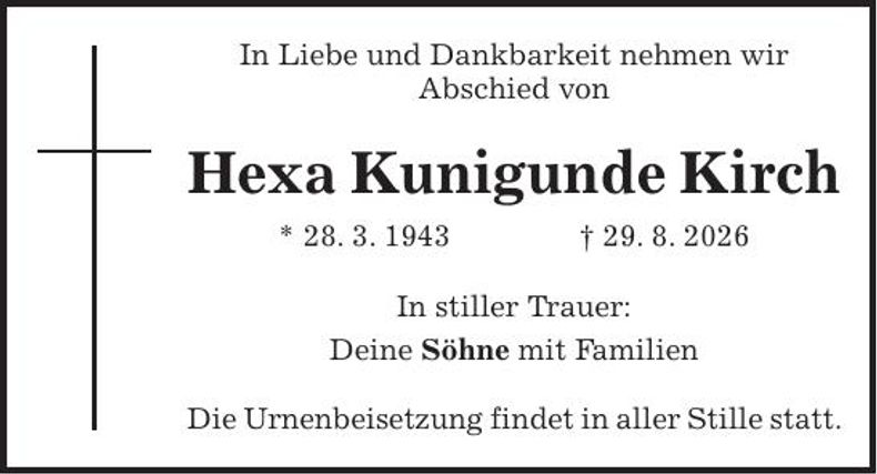 Traueranzeige Hexa Kunigunde Kirch