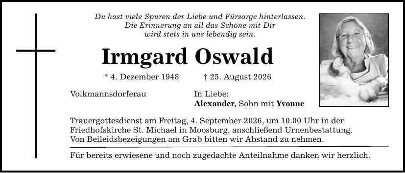 Traueranzeige Irmgard Oswald