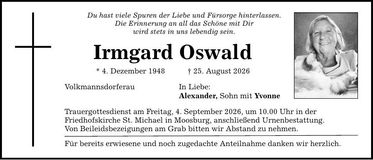 Traueranzeige Irmgard Oswald