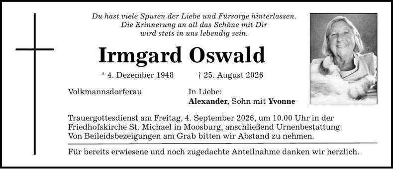 Traueranzeige Irmgard Oswald