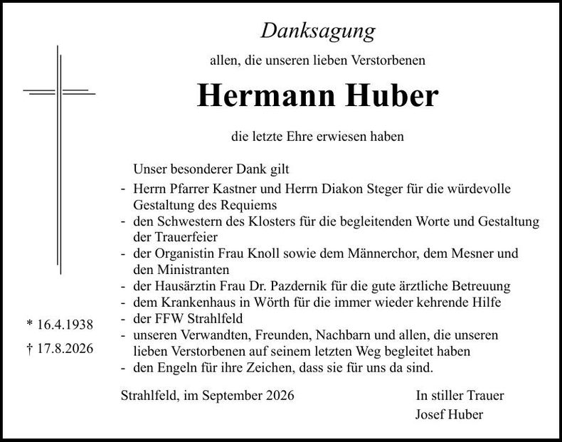 Traueranzeige Hermann Huber
