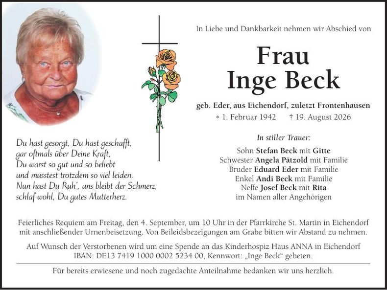Traueranzeige Inge Beck