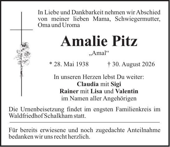 Traueranzeige Amalie Pitz