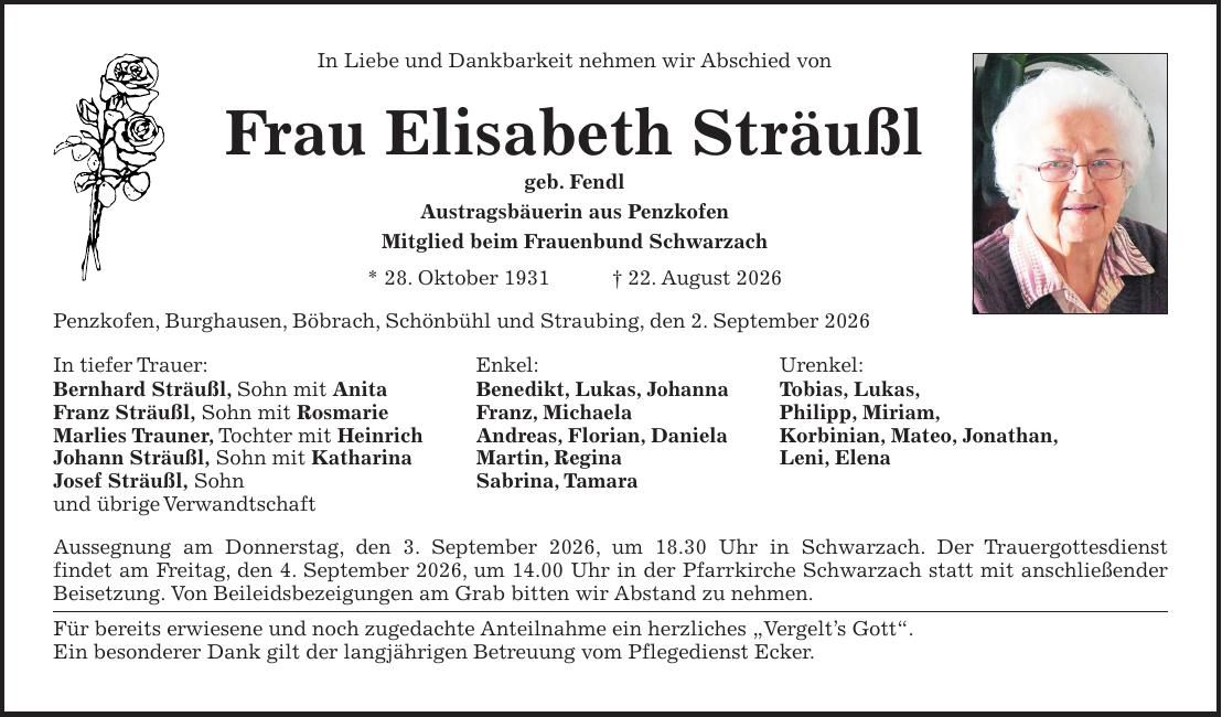 Traueranzeige Elisabeth Sträußl