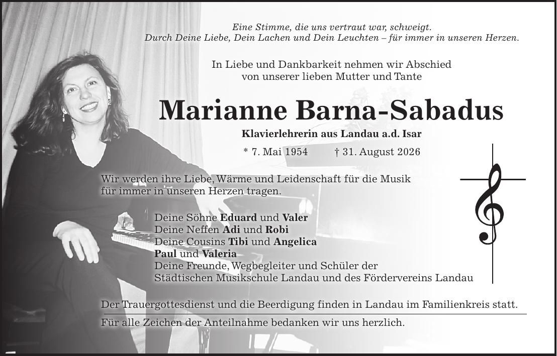 Traueranzeige Marianne Barna-Sabadus