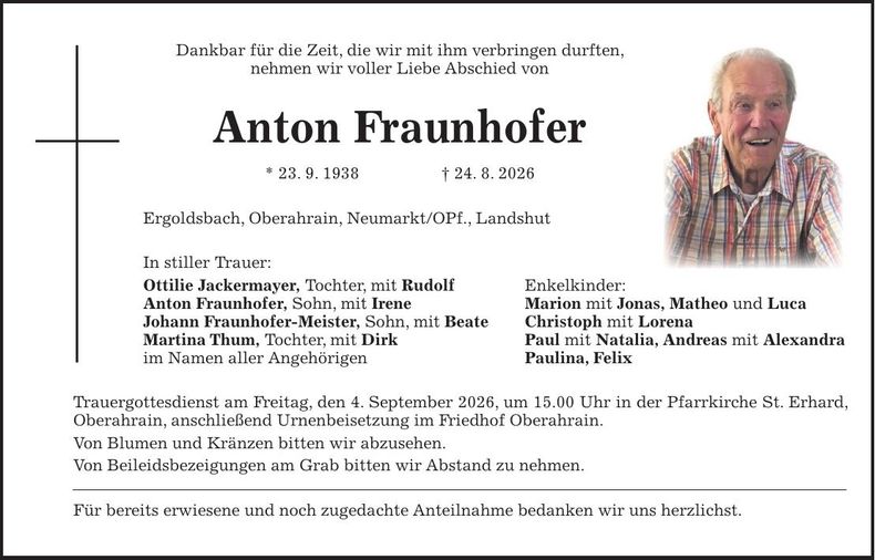 Traueranzeige Anton Fraunhofer