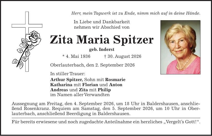 Traueranzeige Zita Maria Spitzer