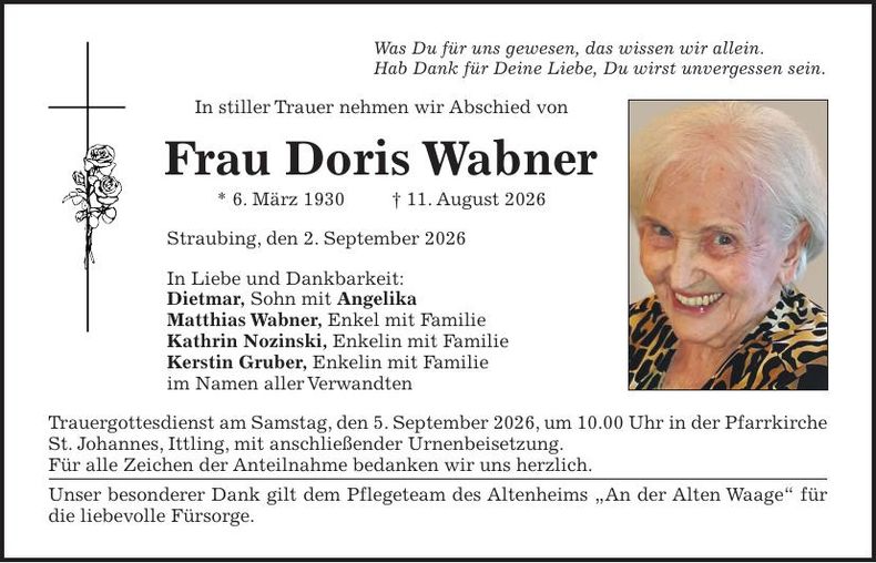 Traueranzeige Doris Wabner