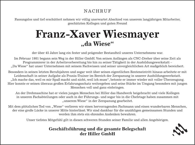 Traueranzeige Franz-Xaver Wiesmayer