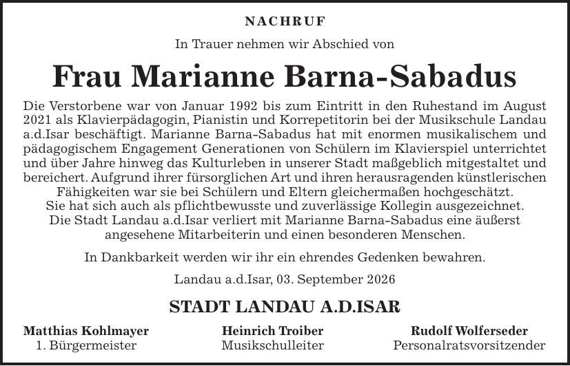 Traueranzeige Marianne Barna-Sabadus