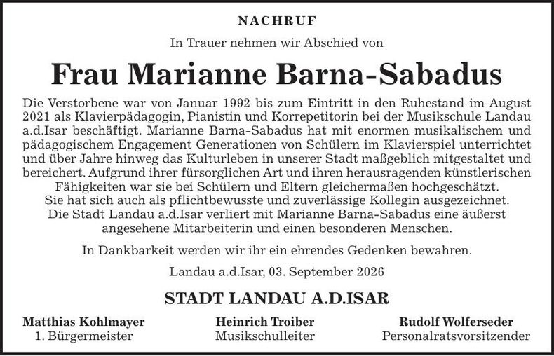 Traueranzeige Marianne  Barna-Sabadus