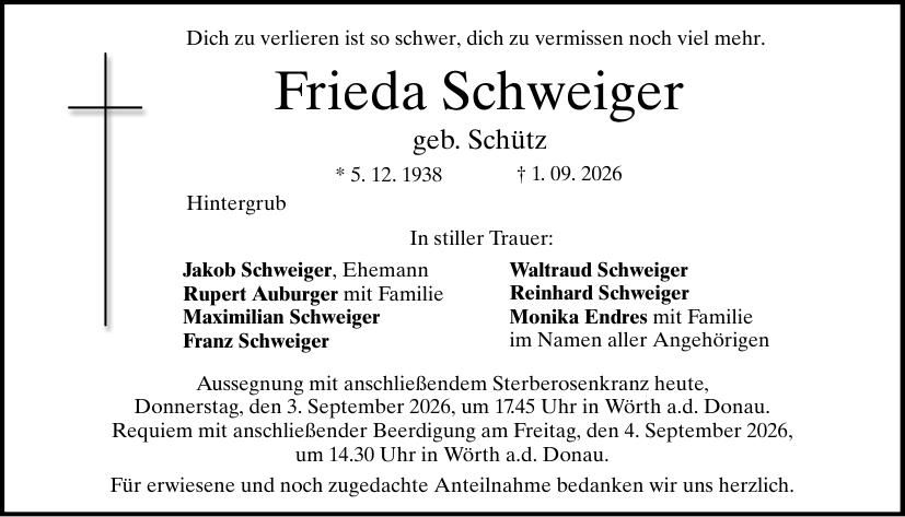 Traueranzeige Frieda Schweiger
