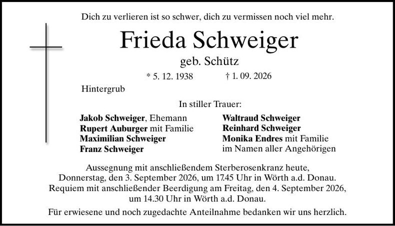 Traueranzeige Frieda Schweiger