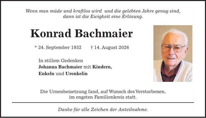 Traueranzeige Konrad Bachmaier