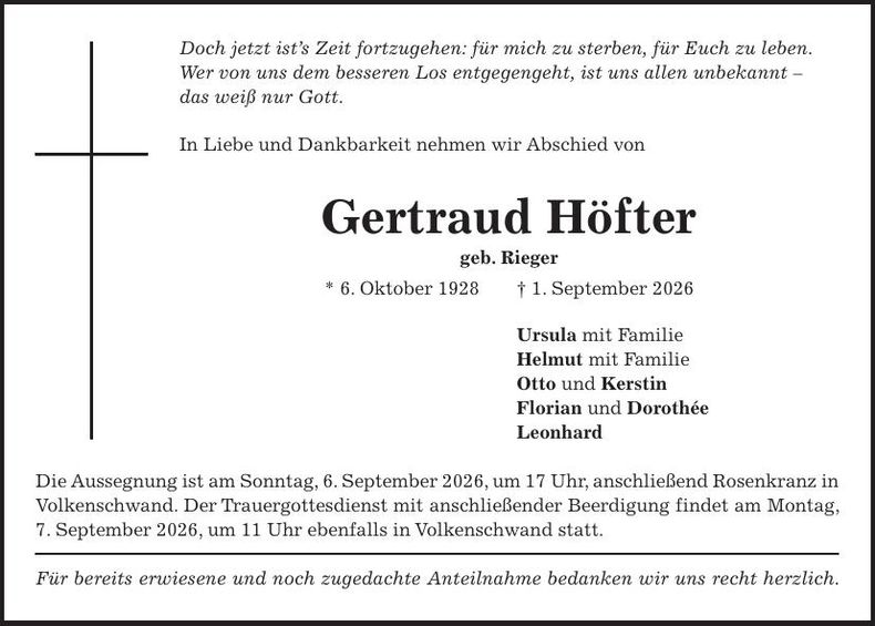 Traueranzeige Gertraud Höfter