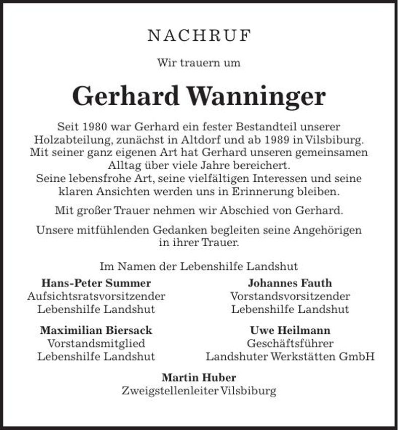 Traueranzeige Gerhard Wanninger