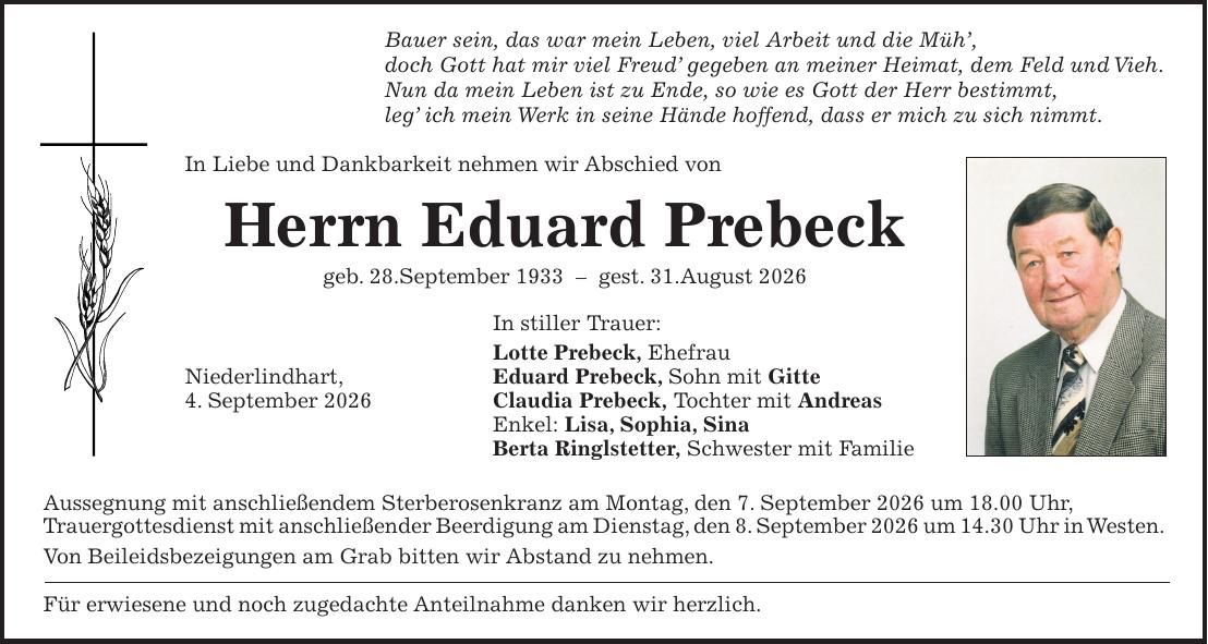 Traueranzeige Eduard Prebeck