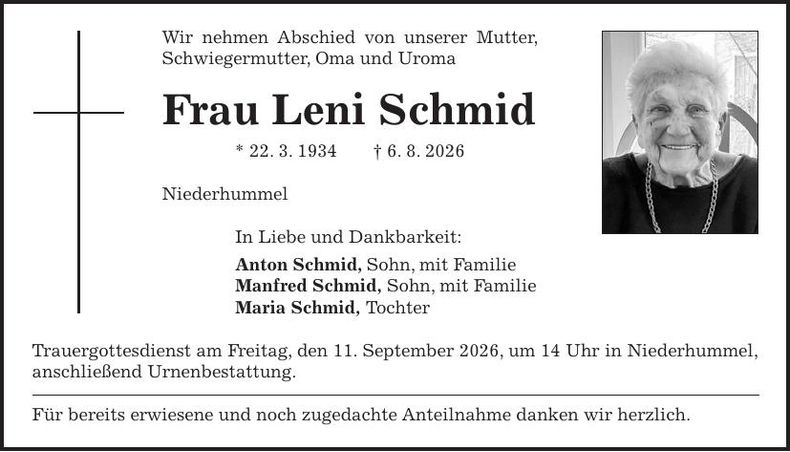 Traueranzeige Leni Schmid